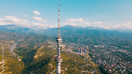 Aerial Panorama of Almaty city with TV tower in Kazakhstan photo