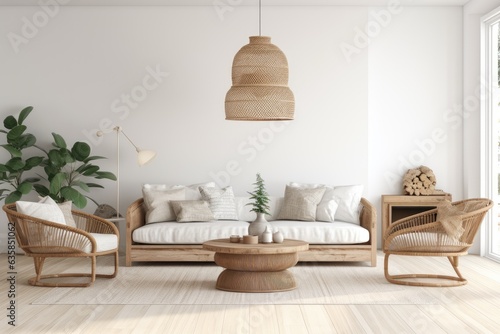 Scandinavian style, contemporary wooden living room with Rattan d�cor in a white background, depicted in a 3D render.