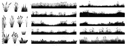 Meadow silhouettes with grass, plants. Panoramic summer lawn landscape with herbs. Vector illustration