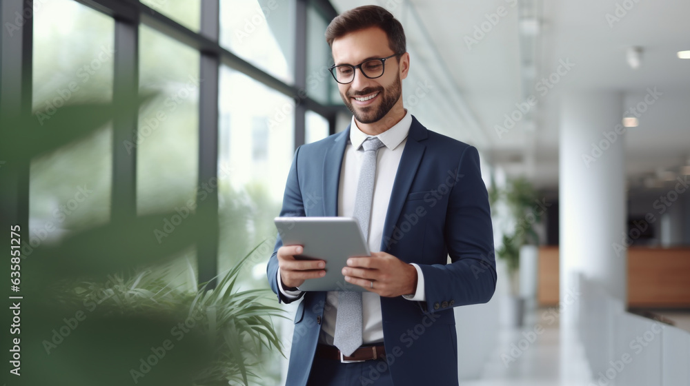 a young and content Latin business executive, confidently holding a padded computer while standing in his office. The male professional employee is engrossed in his digital tablet a young and content Latin business executive, confidently holding a padded computer while standing in his office. The male professional employee is engrossed in his digital tablet