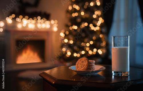 Cozy christmas room at night with glass of milk and cookies prepared for the Santa Claus photo