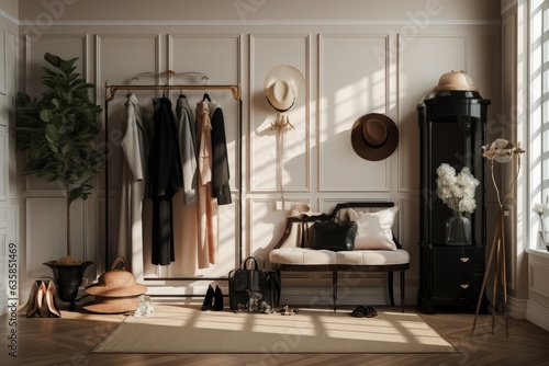 Stylish furniture, clothing, and accessories in an interior hallway. © 2rogan