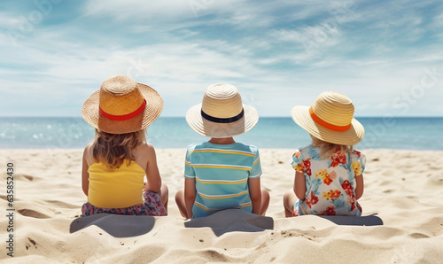 children sitting on the beach facing away