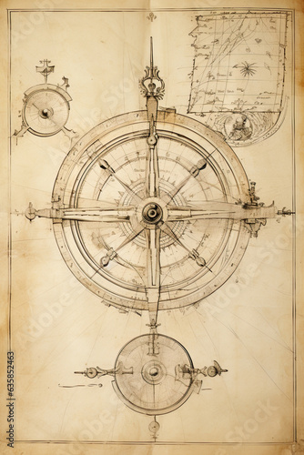 Nautcal compass sketch drawing. Exploration and sailing concept. Poster design. Ai generative