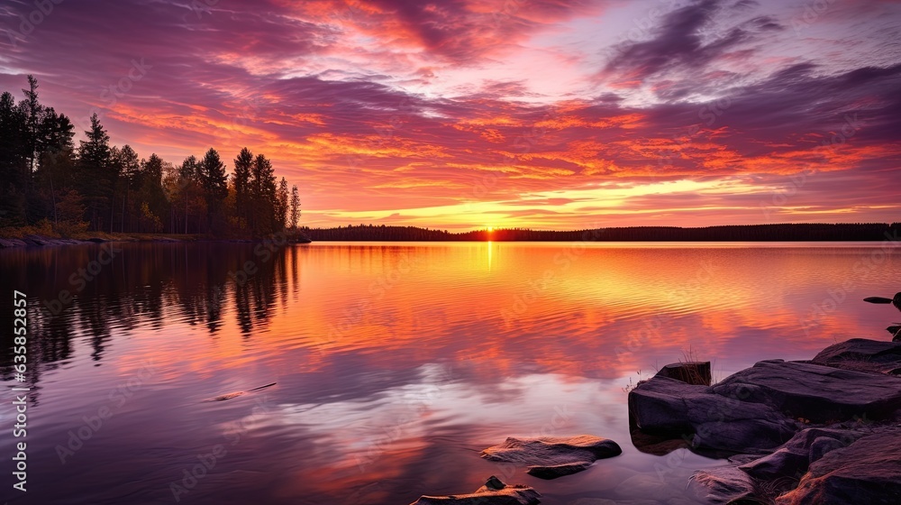 a beautiful sunset over a lake with rocks in the foreground. generative ai a beautiful sunset over a lake with rocks in the foreground. generative ai