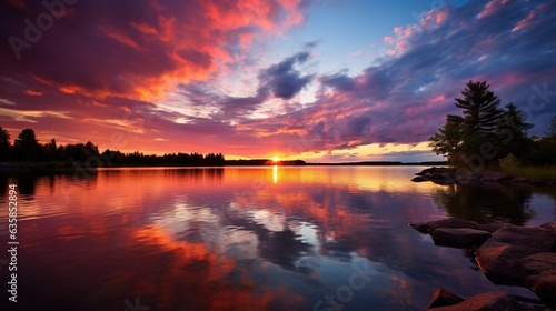  a beautiful sunset over a lake with rocks in the foreground.  generative ai