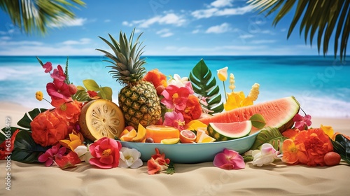  a bowl of fruit on a beach with flowers and a pineapple.  generative ai © Anna