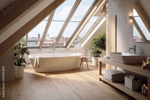 Chic attic bathroom with wooden floor and balcony access