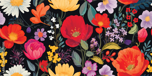 Floral seamless pattern with elegant design, colorful different flowers and plants