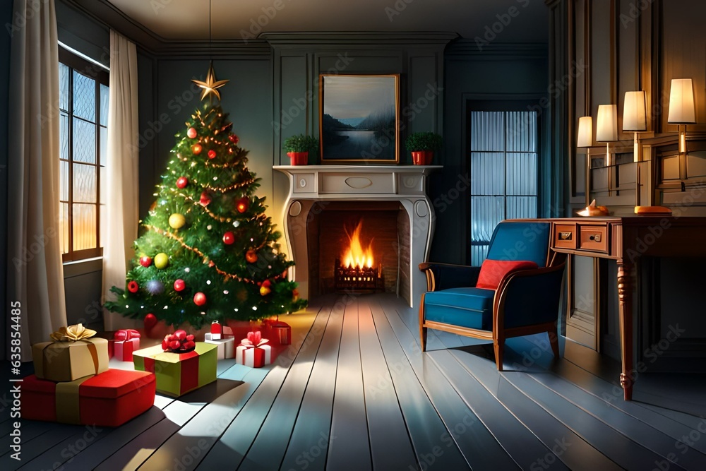 christmas tree and fireplace gifts in dark at night christmas tree and fireplace gifts in dark at night