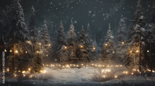 winter night landscape with snow  christmas lights and trees.