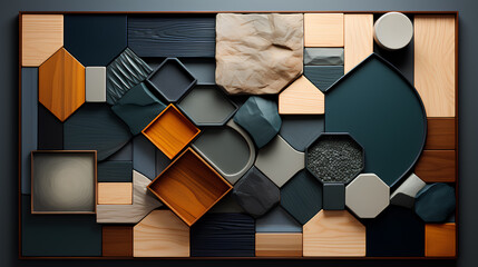 3 d rendering of modern luxury house panels in a kitchen and wood wall.