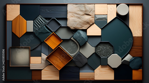 3 d rendering of modern luxury house panels in a kitchen and wood wall.