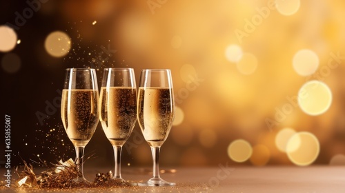 champagne glasses with golden bokeh light background 