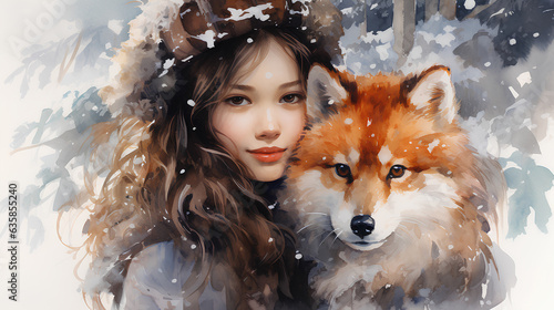 beautiful asian woman with fox in winter snow