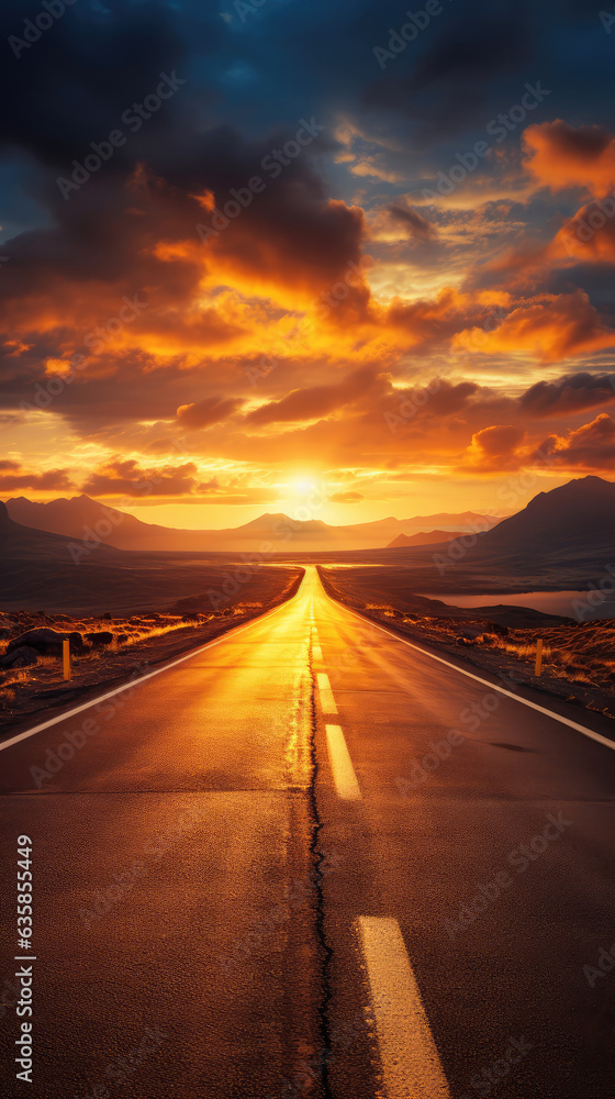 Road in the desert with orange sky and clouds at sunset, USA. created by generative AI technology.