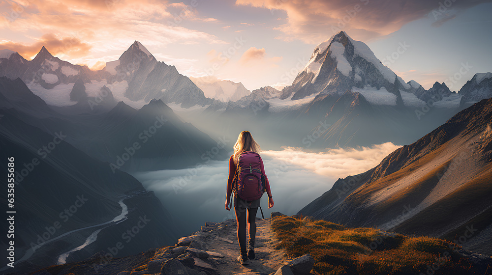 young woman with a backpack on the background of the mountains
