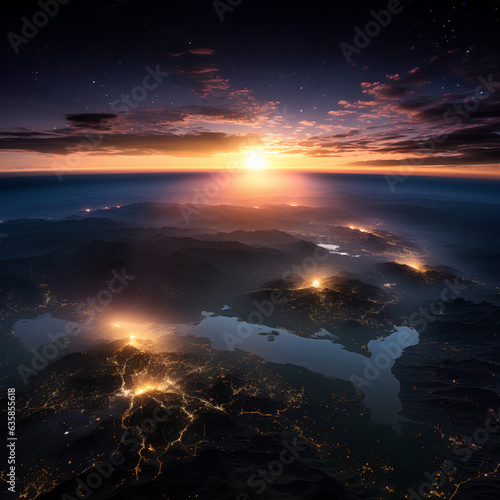 sunset above earth. 3 d rendering