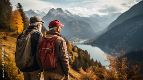 Autumn Affection: Elderly Men Share a Heartfelt Kiss on Alpine Hike © czfphoto