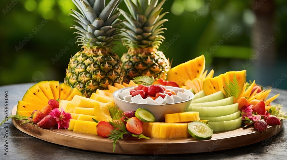  a platter of fruit with a pineapple in the background.  generative ai