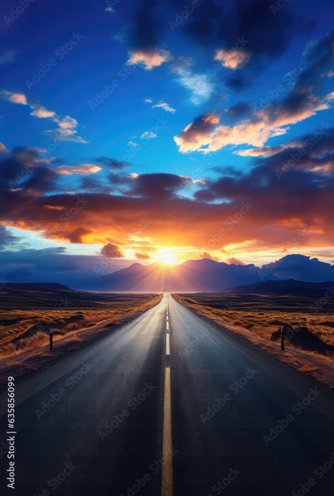 Asphalt road in the steppe at sunset. Landscape. created by generative AI technology.
