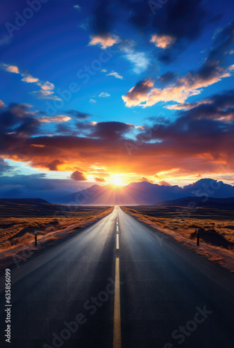 Asphalt road in the steppe at sunset. Landscape. created by generative AI technology.