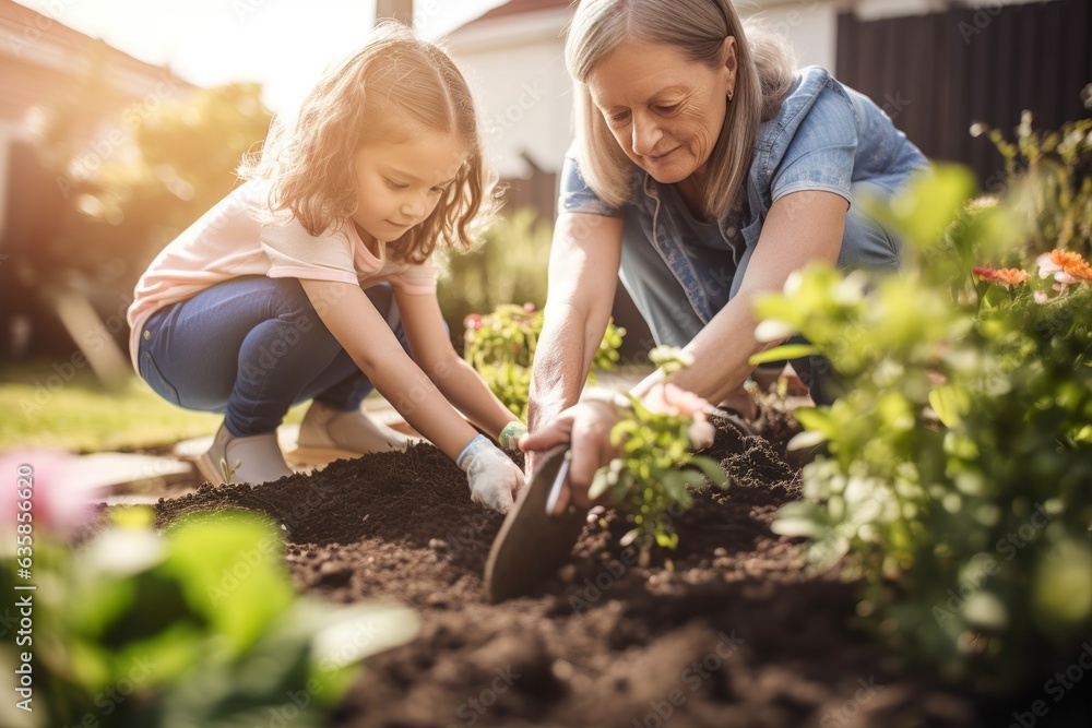 Mother and daughter planting vegetables into soil in the garden
