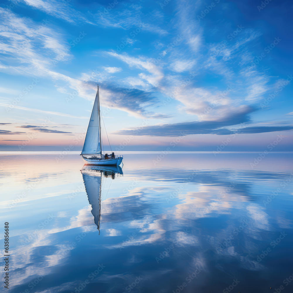Sailing boat in the sea at sunset with reflection in water. created by generative AI technology.
