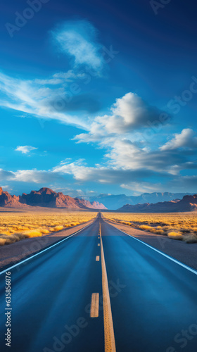 Road in the desert with blue sky and white clouds, USA. created by generative AI technology.
