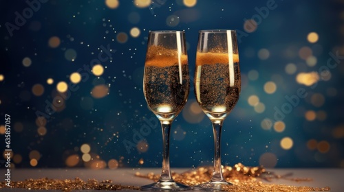 champagne glasses with blue bokeh light background 