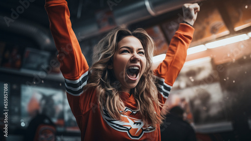 A shot of a female fan pumping her fists in the air with an exultant expression, encapsulating her excitement and pride, hockey fan, victory Generative AI