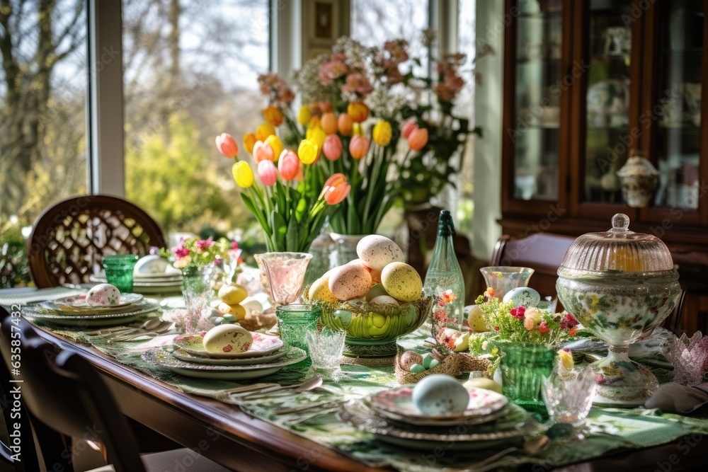 Easter themed dining room with set table.