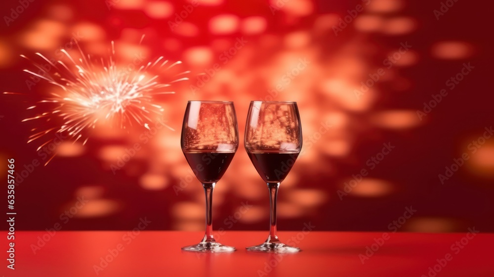champagne glasses with firework on the red bokeh light background 