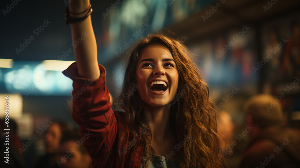 A shot of a female fan raising a foam finger in the air with a triumphant expression, capturing her excitement and pride, Football fan, victory Generative AI A shot of a female fan raising a foam finger in the air with a triumphant expression, capturing her excitement and pride, Football fan, victory Generative AI