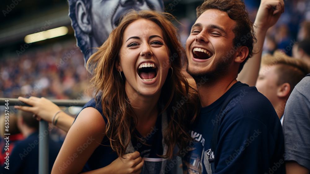 An image of a female fan lifting a cardboard cutout of her favorite player's face in celebration of the victory, Football fan, victory Generative AI An image of a female fan lifting a cardboard cutout of her favorite player's face in celebration of the victory, Football fan, victory Generative AI
