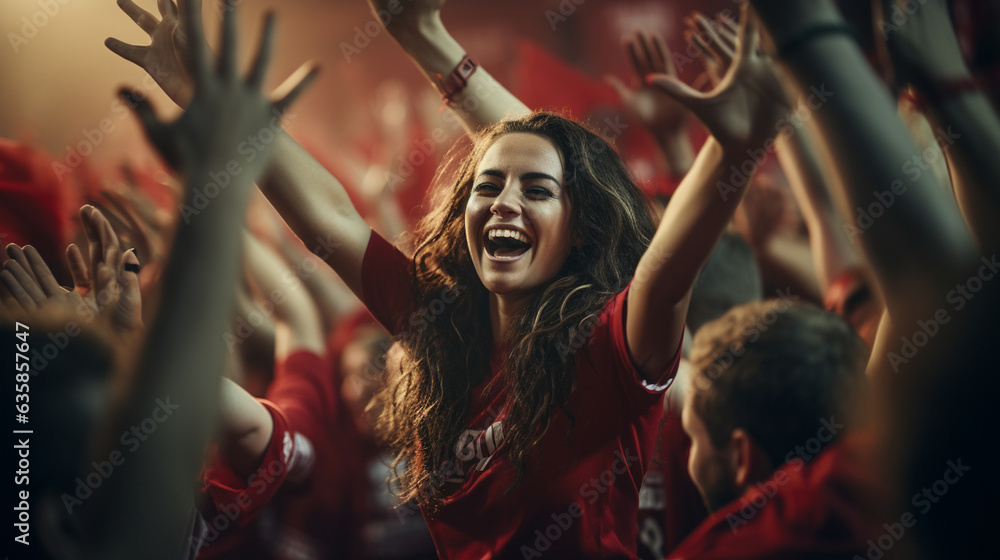 A shot of a female fan sharing high-fives and hugs with fellow supporters, creating a sense of unity and shared joy after the win, Football fan, victory Generative AI