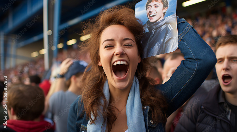 An image of a female fan lifting a cardboard cutout of her favorite player's face in celebration of the victory, Football fan, victory Generative AI An image of a female fan lifting a cardboard cutout of her favorite player's face in celebration of the victory, Football fan, victory Generative AI