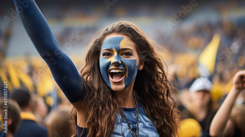 A portrait of a female fan wearing team-colored face paint and holding a sign that reads 