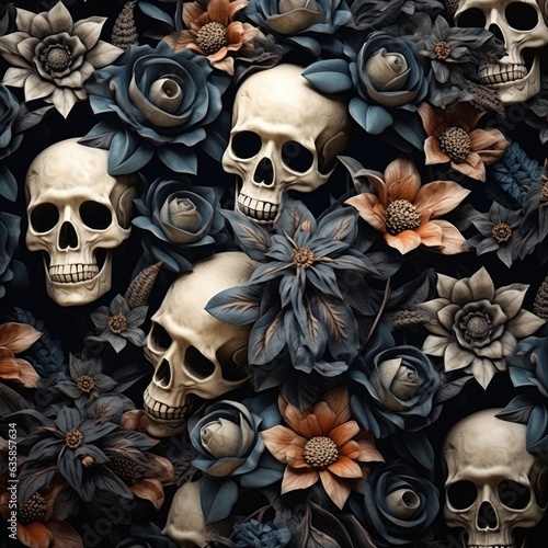 Florals Rise from the Abyss in 3 Dimensional Splendor - Skull Foundations in a Hyperrealistic Journey of Gothcore and Floralpunk Styles - Skulls Flowers Wallpaper created with Generative AI Technology © Sentoriak