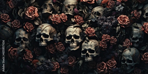 Florals Rise from the Abyss in 3 Dimensional Splendor - Skull Foundations in a Hyperrealistic Journey of Gothcore and Floralpunk Styles - Skulls Flowers Wallpaper created with Generative AI Technology