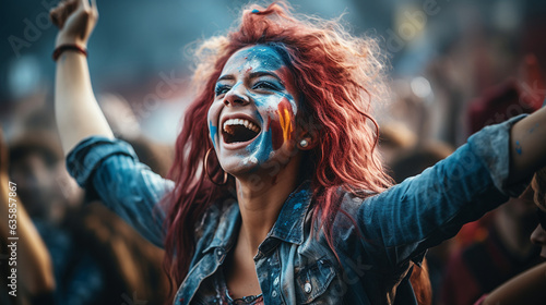 A close-up of a ecstatic female football fan with painted face and team scarf, cheering passionately after her team's victory, Football fan, victory Generative AI