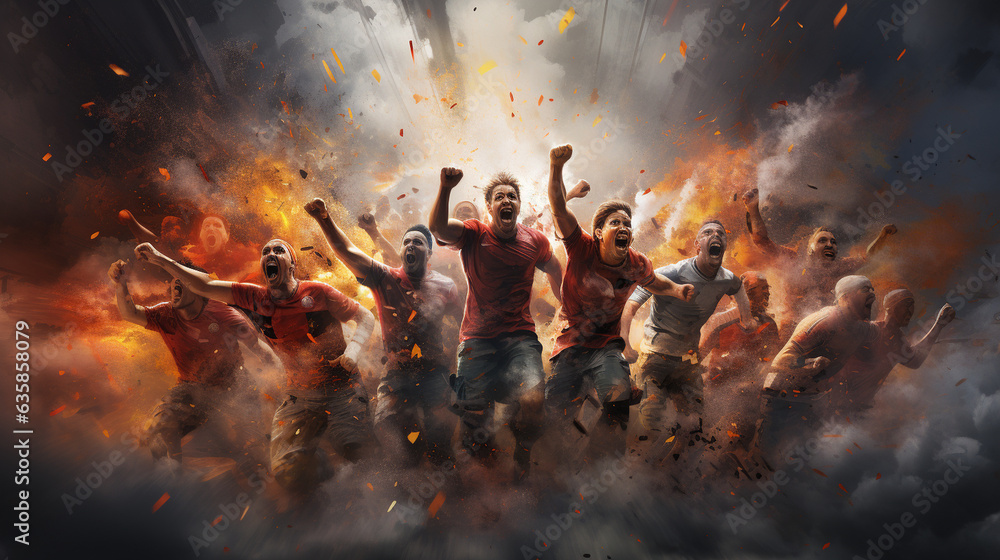 A dynamic shot of players jumping in unison, their fists raised, as they celebrate a last-minute game-winning goal, Football, victory Generative AI