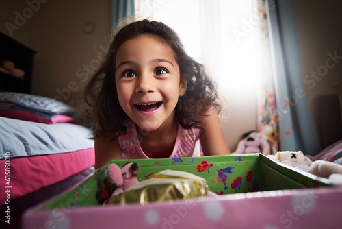 Little cheerful girl is playing with toys in children's room