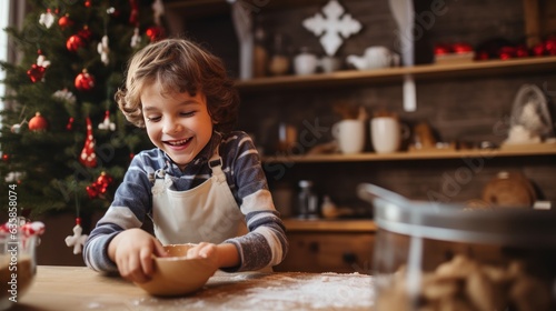 Adorable boy baking Christmas cookies with face full of flour 