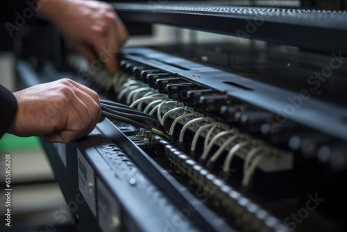 Ensuring Precision and Safety: A Close-Up Macro View of a Technician Inspecting and Maintaining a Robust Cable Tray for Optimal Infrastructure Performance