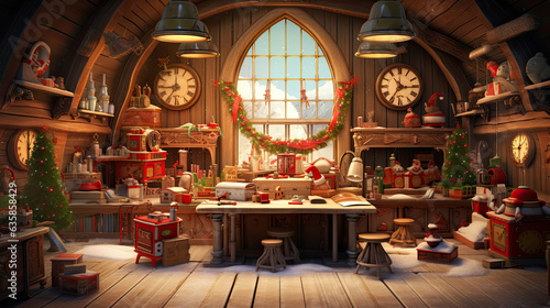 Inside Santa's North Pole workshop, merry elves craft gifts for the grand Christmas night, spreading joy worldwide photo