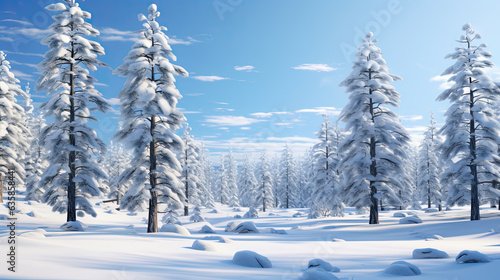 Serene snow-draped pines create a tranquil Christmas forest, inviting you into a world of winter wonder