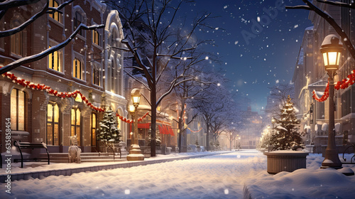 Enchanting snow draped streets, a Christmas wonderland in the city center, adorned with a majestic pine tree