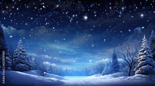 Amidst pine trees, a magical Christmas night unfolds, stars twinkling, enchanting the forest's embrace