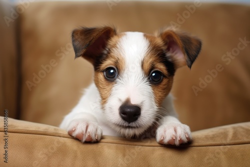 Wire haired Jack Russell puppy on beige couch, looking at camera. Small, funny fur stained dog sitting at home, close up.